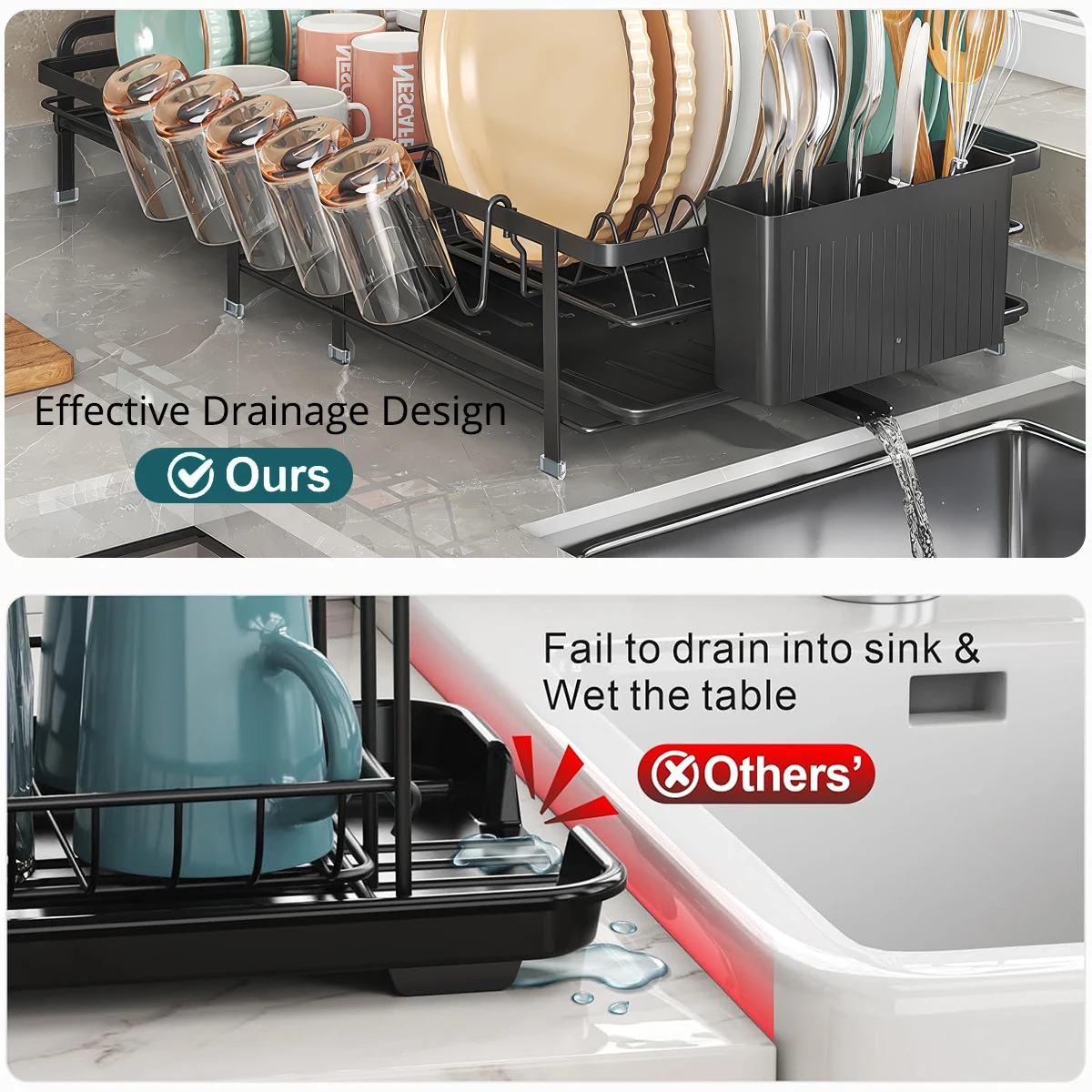 Adjustable Telescopic Dish Rack, Sink Side Dish Drying Organizer, Countertop Dish Organizer With Cup Holder, Utensil Holder - Image 6