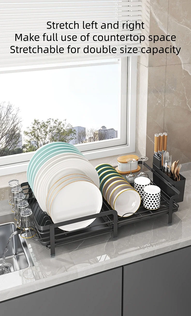 Expandable dish storage rack automatic draining rotatable drain rack adjustable counter organizer kitchen storage rack - Image 13