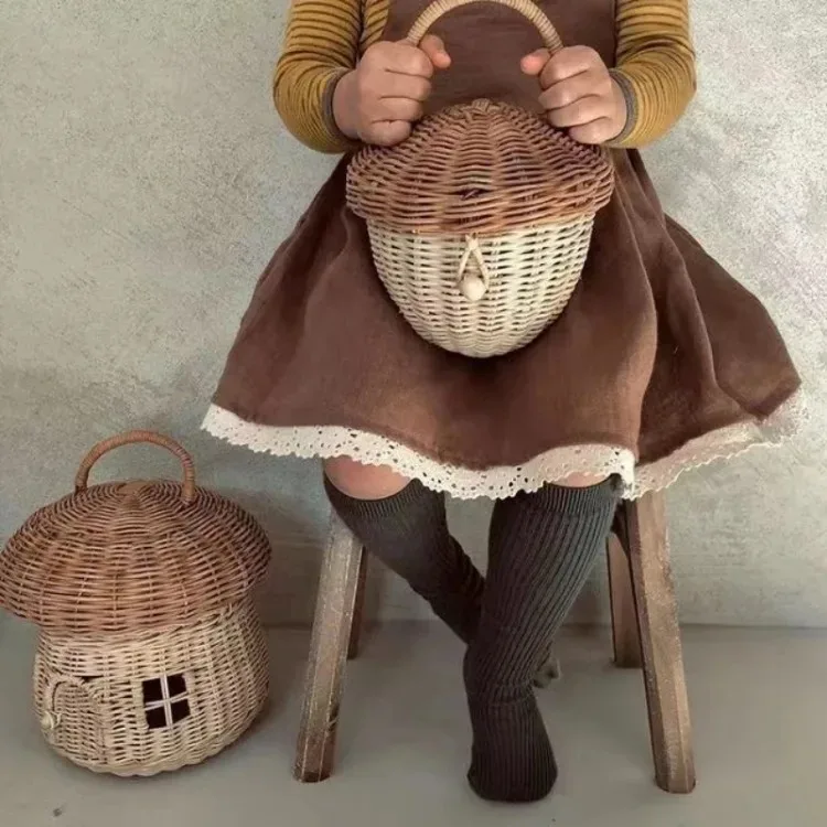 Rattan Woven Mushroom Basket Summer Portable Children Woven Bags Outdoor Vacation Picnic Baskets Kids Toy Sundries Organizer - Image 18