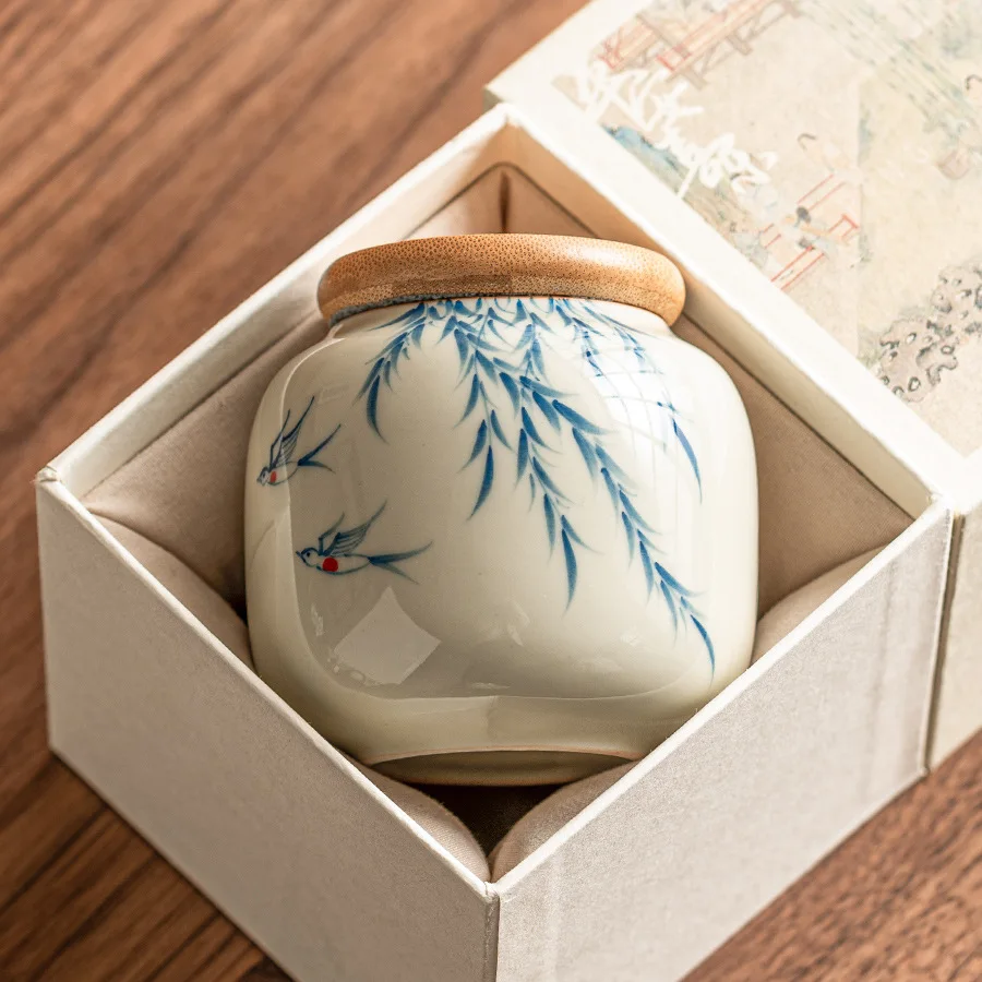 Warm Warbler, New Willow Grass Wood Grey Tea Sealed Ceramic Can High End Portable Small Moisture Proof Mini Storage Can - Image 3
