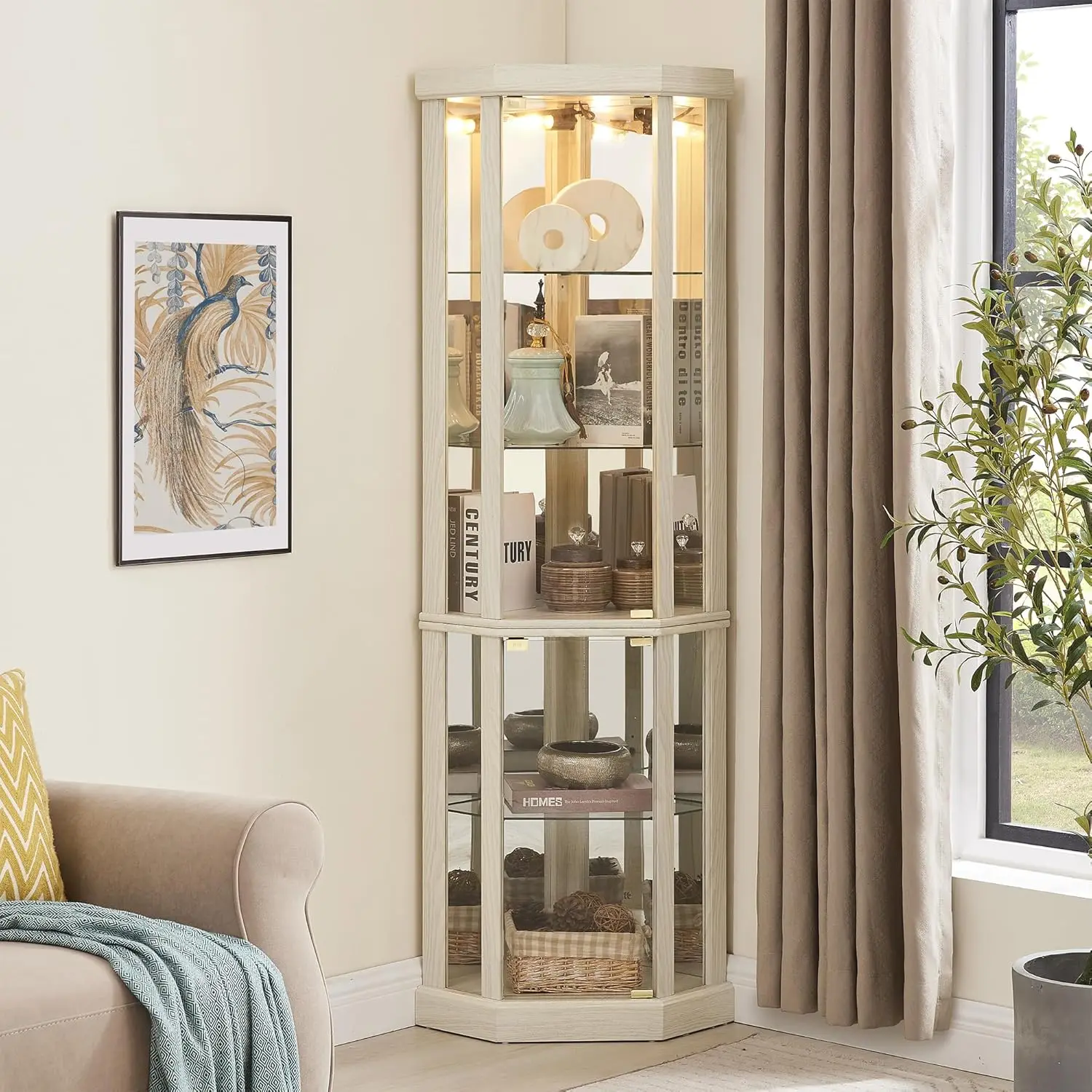 69" H Lighted Corner Curio Cabinet, 5-Tier Curio Glass Display Cabinet with Door & Adjustable Glass Shelves, Wooden, Customized - Image 11