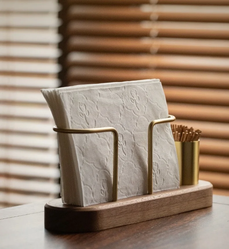 HeMu Walnut Wood & Brass 2-in-1 Napkin Holder with Toothpick Dispenser – Elegant Table Organizer for Kitchen, Dining Room & Cafe - Image 14