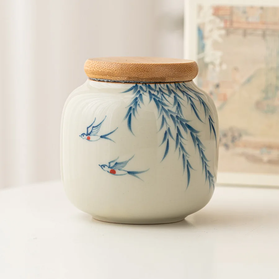Warm Warbler, New Willow Grass Wood Grey Tea Sealed Ceramic Can High End Portable Small Moisture Proof Mini Storage Can - Image 2