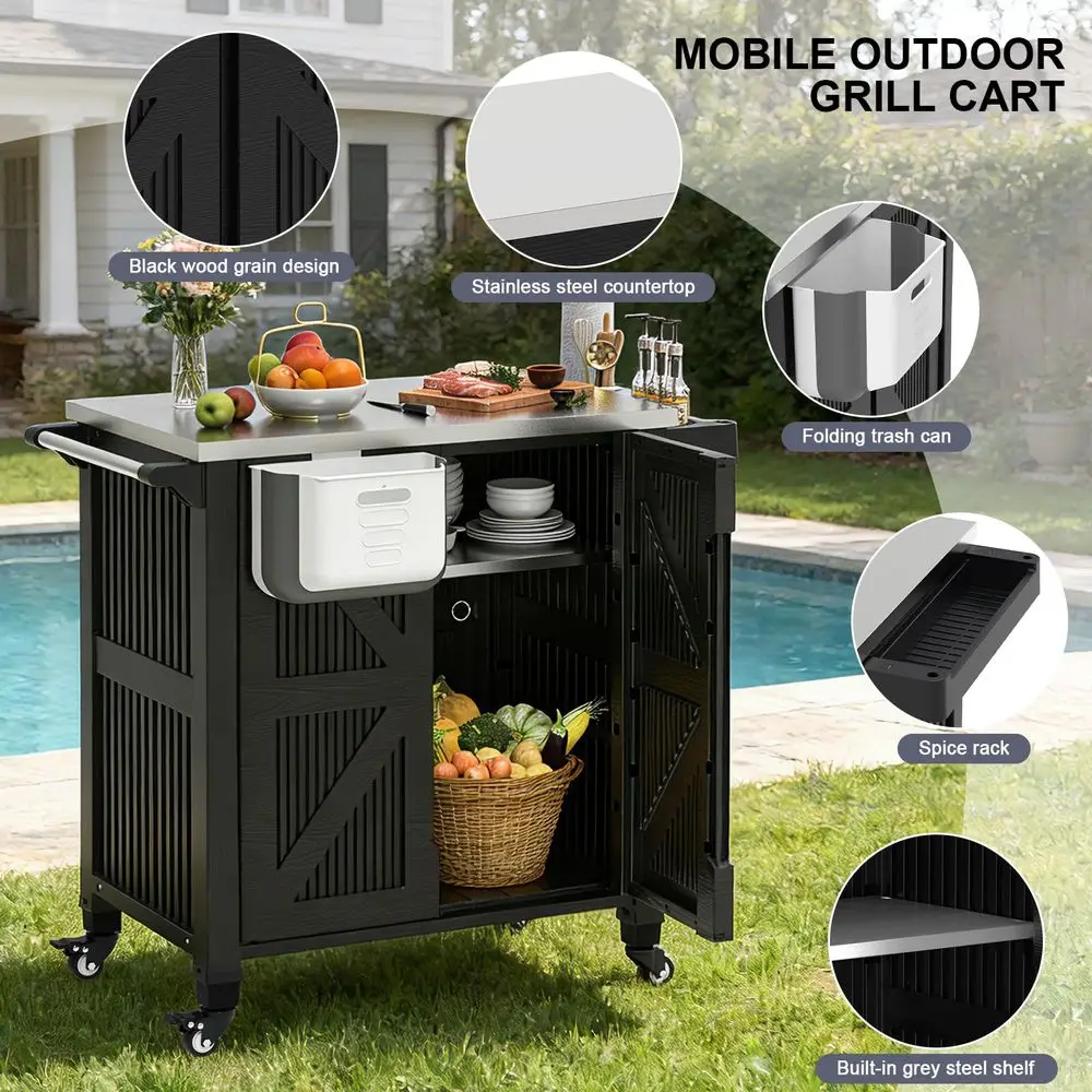Kitchen Island with Storage Cabinet, Movable Grill Cart with Stainless Steel Countertop, 4 Swivel Wheels, PP Material Rolling B - Image 3