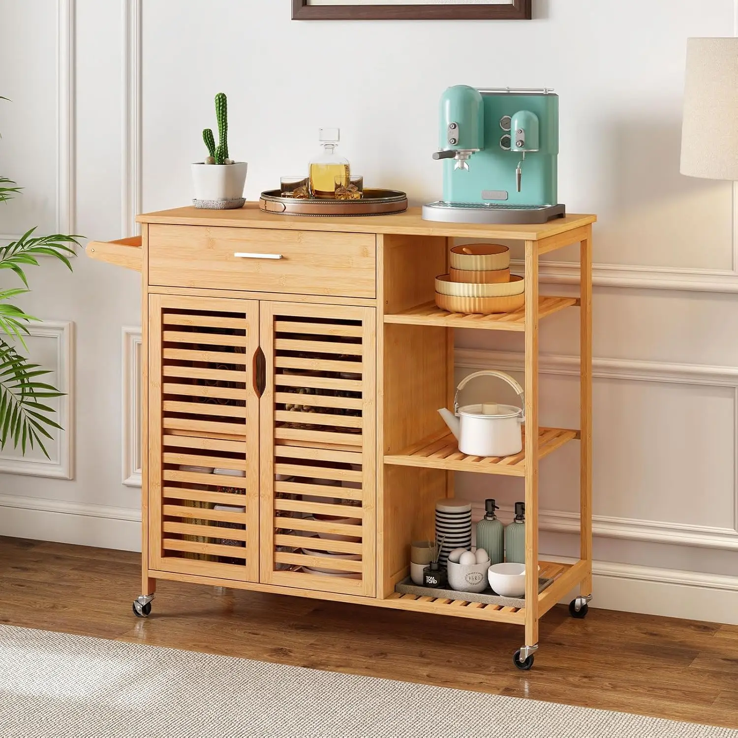 Bamboo Kitchen Island Cart Rolling Butcher Block Drawer Cabinet 3-Tier Shelves Towel Rack Wheels Storage Dining Room, Custom - Image 8