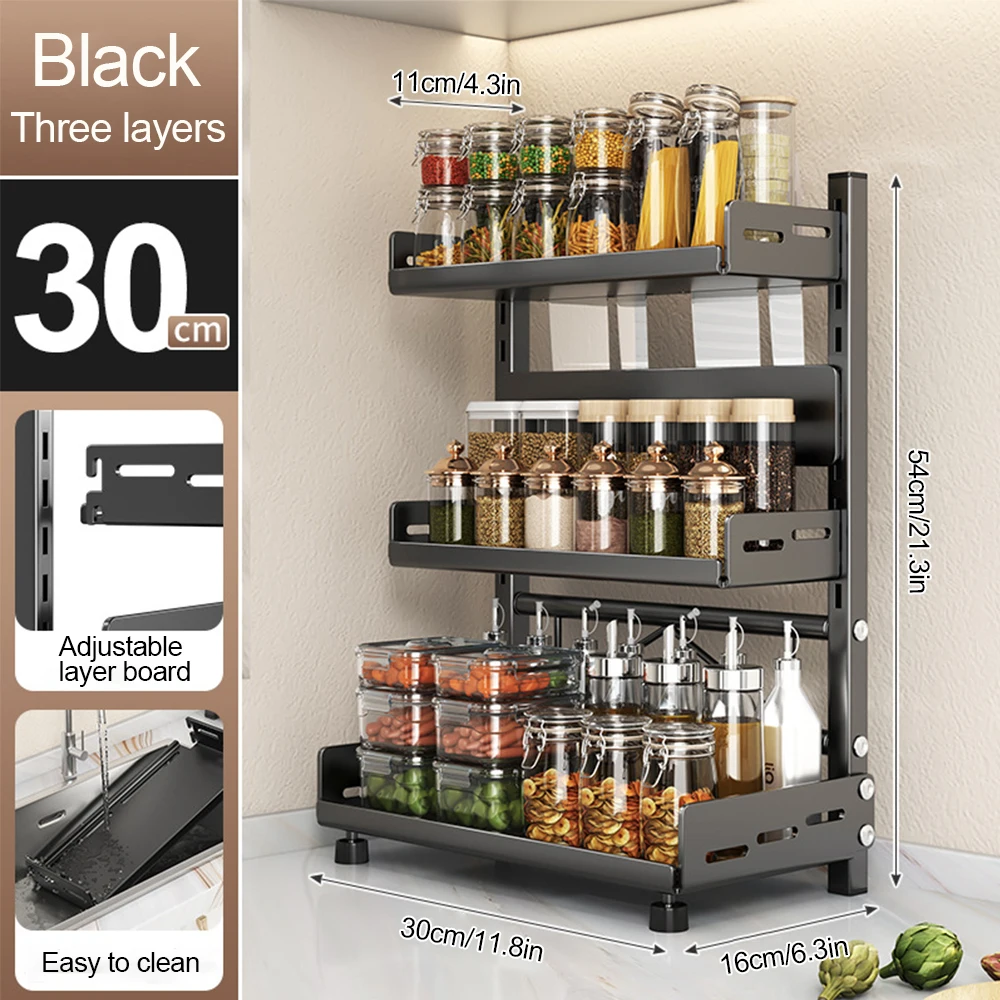 3 Tier Spice Storage Rack for Countertop Adjustable Spice Organization for Cabinet Kitchen Organizer Metal Shelf Black - Image 7