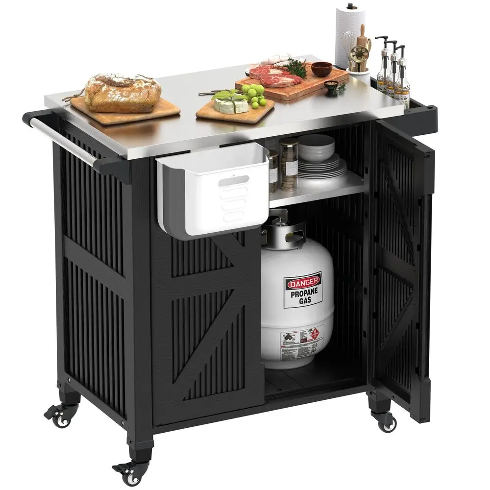 Kitchen Island with Storage Cabinet, Movable Grill Cart with Stainless Steel Countertop, 4 Swivel Wheels, PP Material Rolling B - Image 7