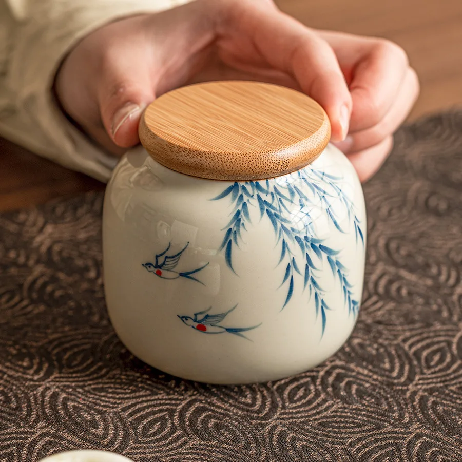 Warm Warbler, New Willow Grass Wood Grey Tea Sealed Ceramic Can High End Portable Small Moisture Proof Mini Storage Can - Image 4