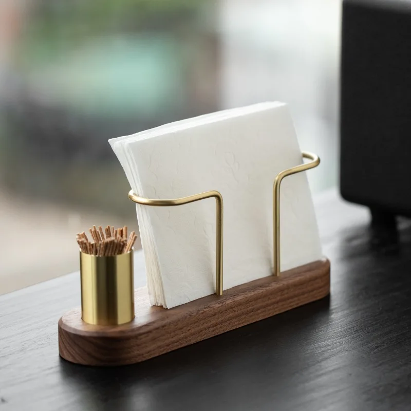 HeMu Walnut Wood & Brass 2-in-1 Napkin Holder with Toothpick Dispenser – Elegant Table Organizer for Kitchen, Dining Room & Cafe - Image 2