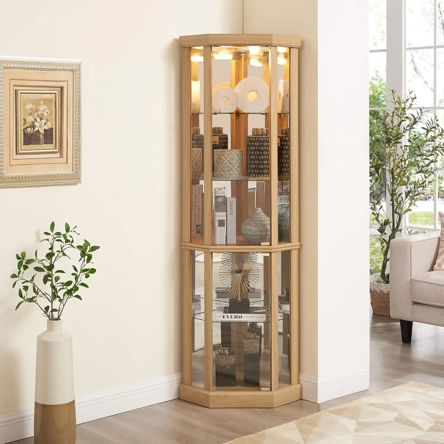 69" H Lighted Corner Curio Cabinet, 5-Tier Curio Glass Display Cabinet with Door & Adjustable Glass Shelves, Wooden, Customized - Image 14