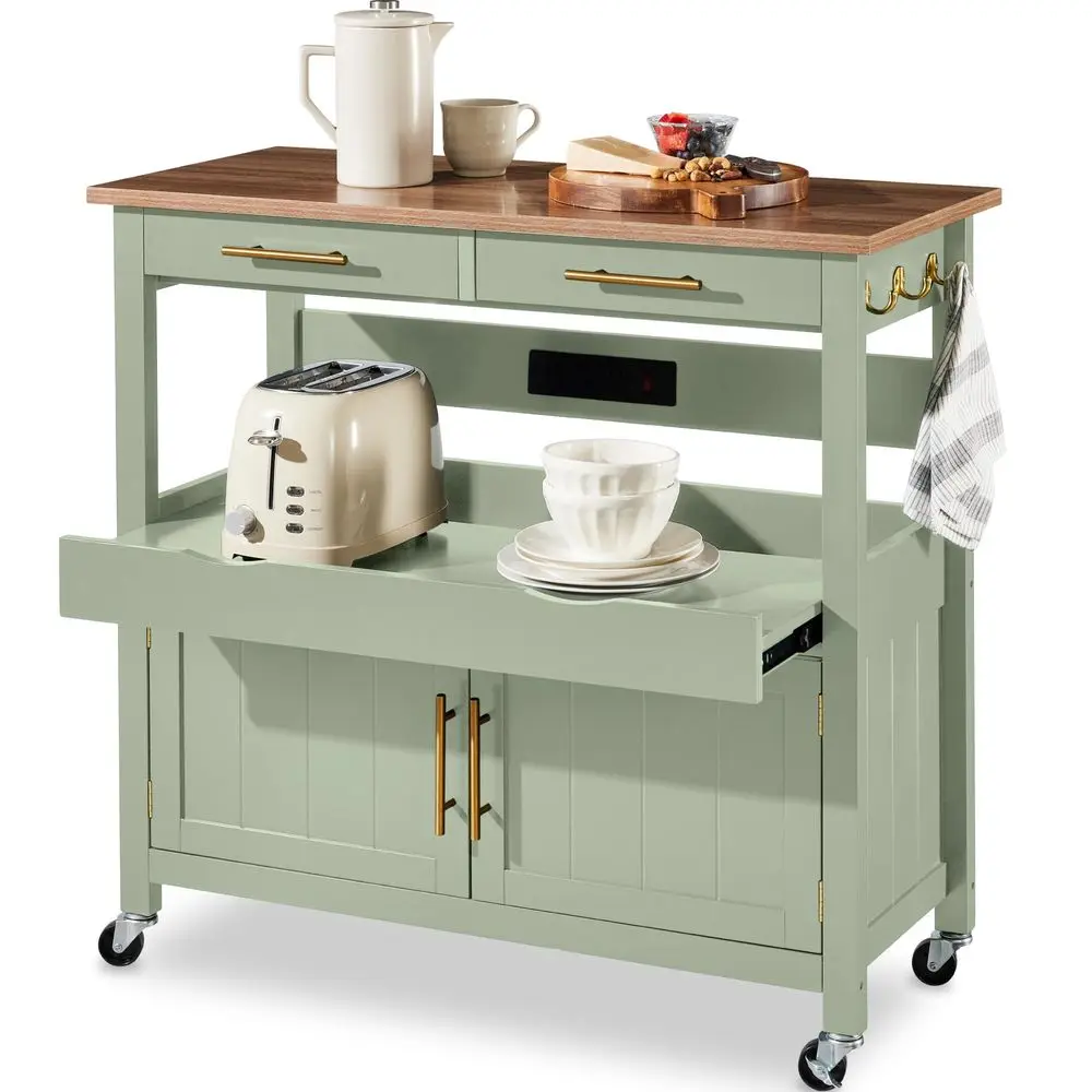36in Large Rolling Kitchen Island Cart, 2Door Cabinet, 2 Drawers, PullOut Shelf, Power Outlet, Hooks, amp Swivel Lockable Wheel - Image 7
