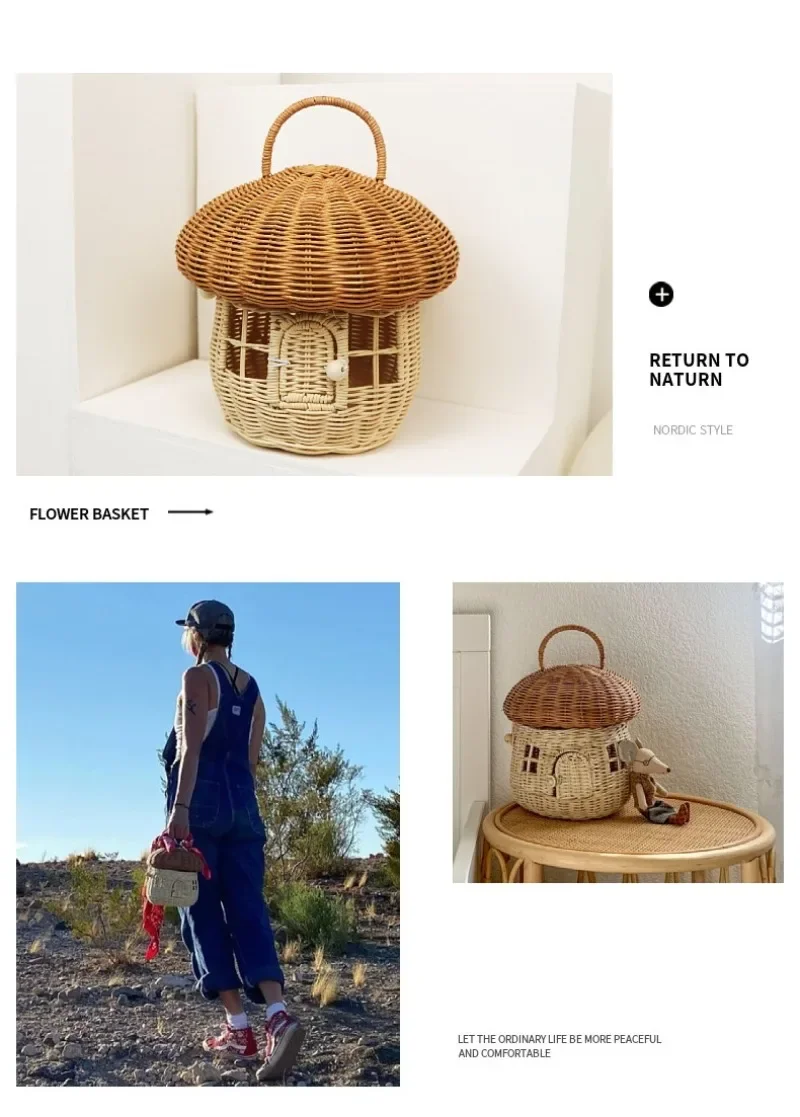 Rattan Mushroom Storage Basket Cute Cartoon Handwoven Nut Wicker Handbag Outdoor Picnic Women Tote Straw Bag Children Organizer - Image 18