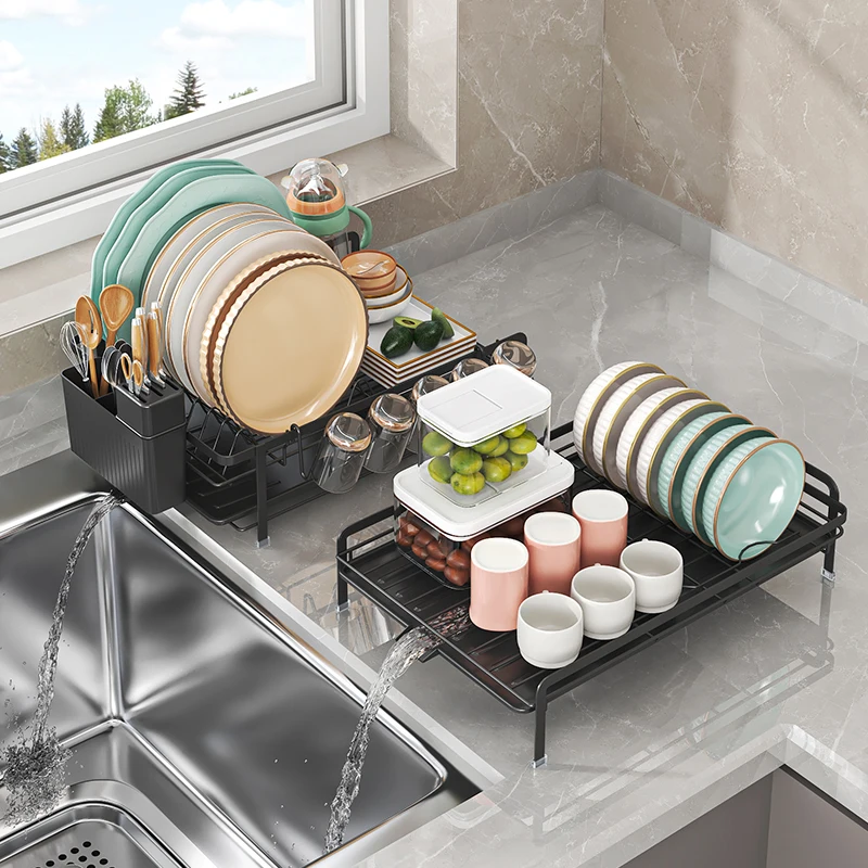 Adjustable Telescopic Dish Rack, Sink Side Dish Drying Organizer, Countertop Dish Organizer With Cup Holder, Utensil Holder - Image 11