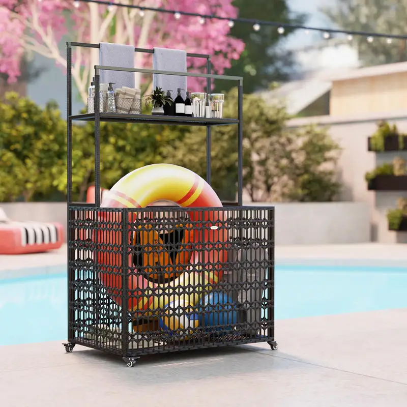 Wicker Pool Float Storage Organizer, PE Rattan Pool Float Holder with Basket Shelf Towel Bars, Rolling Pool Caddy for Floaties, Noodles, Life Vests, Beach Balls, Brown - Image 16