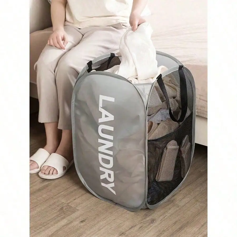 Foldable Mesh Laundry Hamper With Handle, Pop Up Dirty Clothes Storage Basket, Household Bathroom Laundry Organizer - Image 6