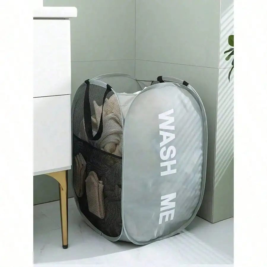 Foldable Mesh Laundry Hamper With Handle, Pop Up Dirty Clothes Storage Basket, Household Bathroom Laundry Organizer - Image 4