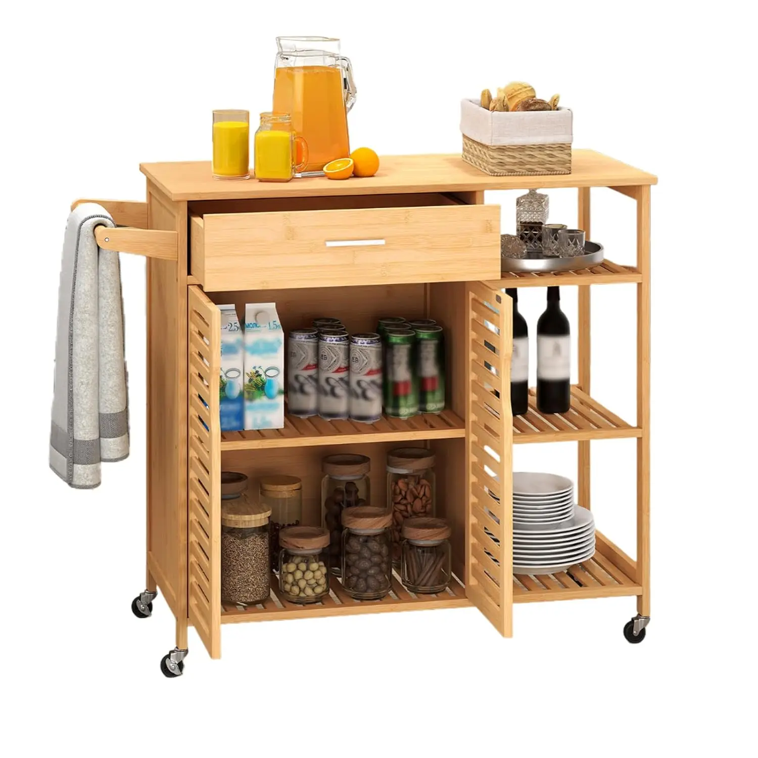 Bamboo Kitchen Island Cart Rolling Butcher Block Drawer Cabinet 3-Tier Shelves Towel Rack Wheels Storage Dining Room, Custom - Image 7