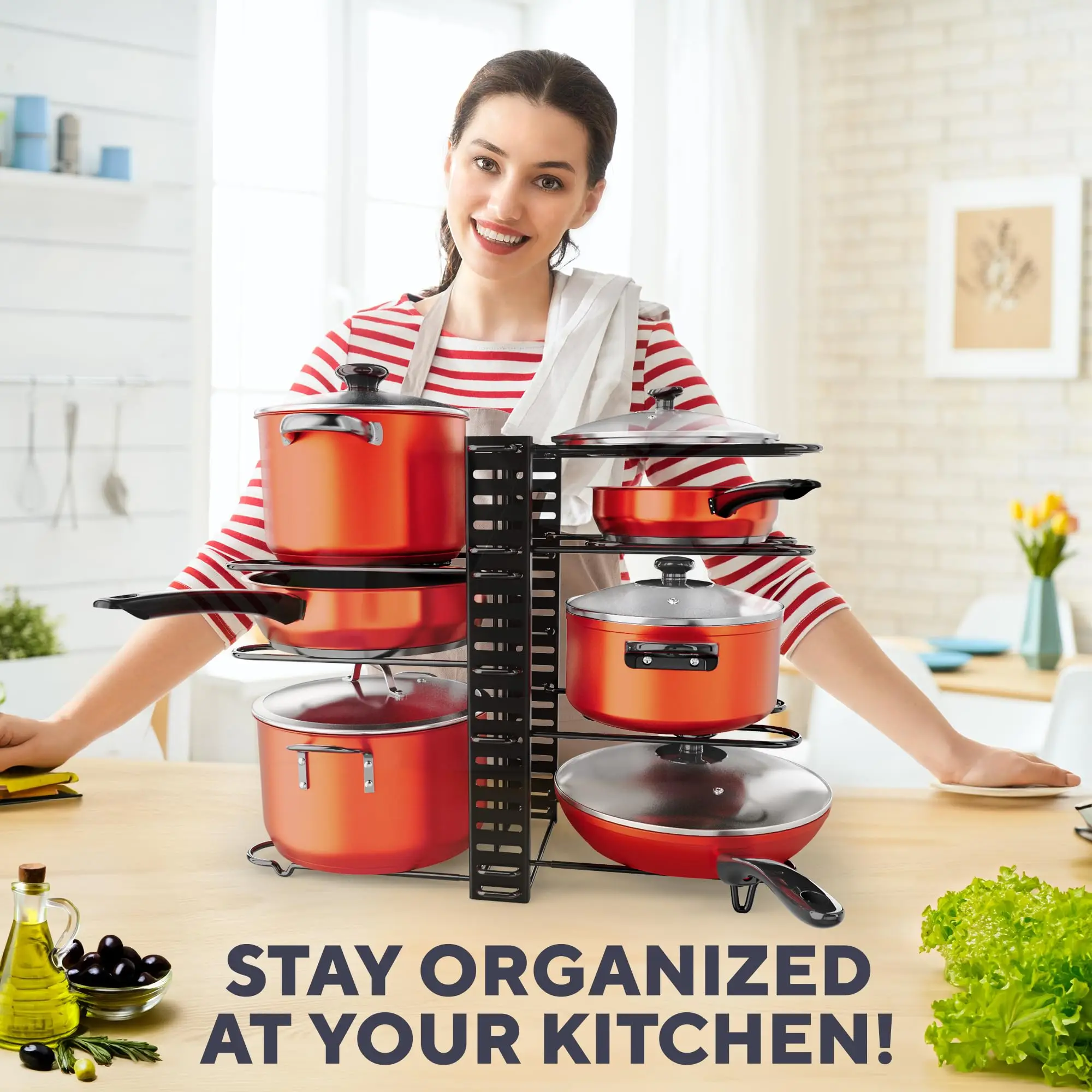 Pot Rack Organizer, 8 Tier Pots and Pans Organizer for Kitchen Organization & Storage, Adjustable Pot Lid Holders & Pan Rack - Image 12