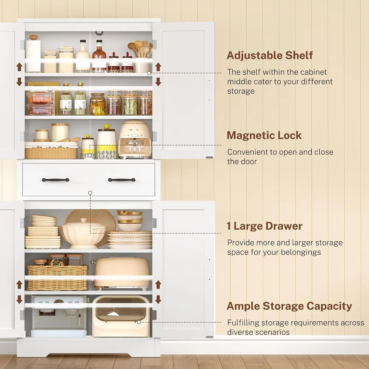 Tall Storage Cabinet with 2 Adjustable Shelves & Drawer 4-Door Pantry Bathroom Living Room Kitchen White Custom - Image 4