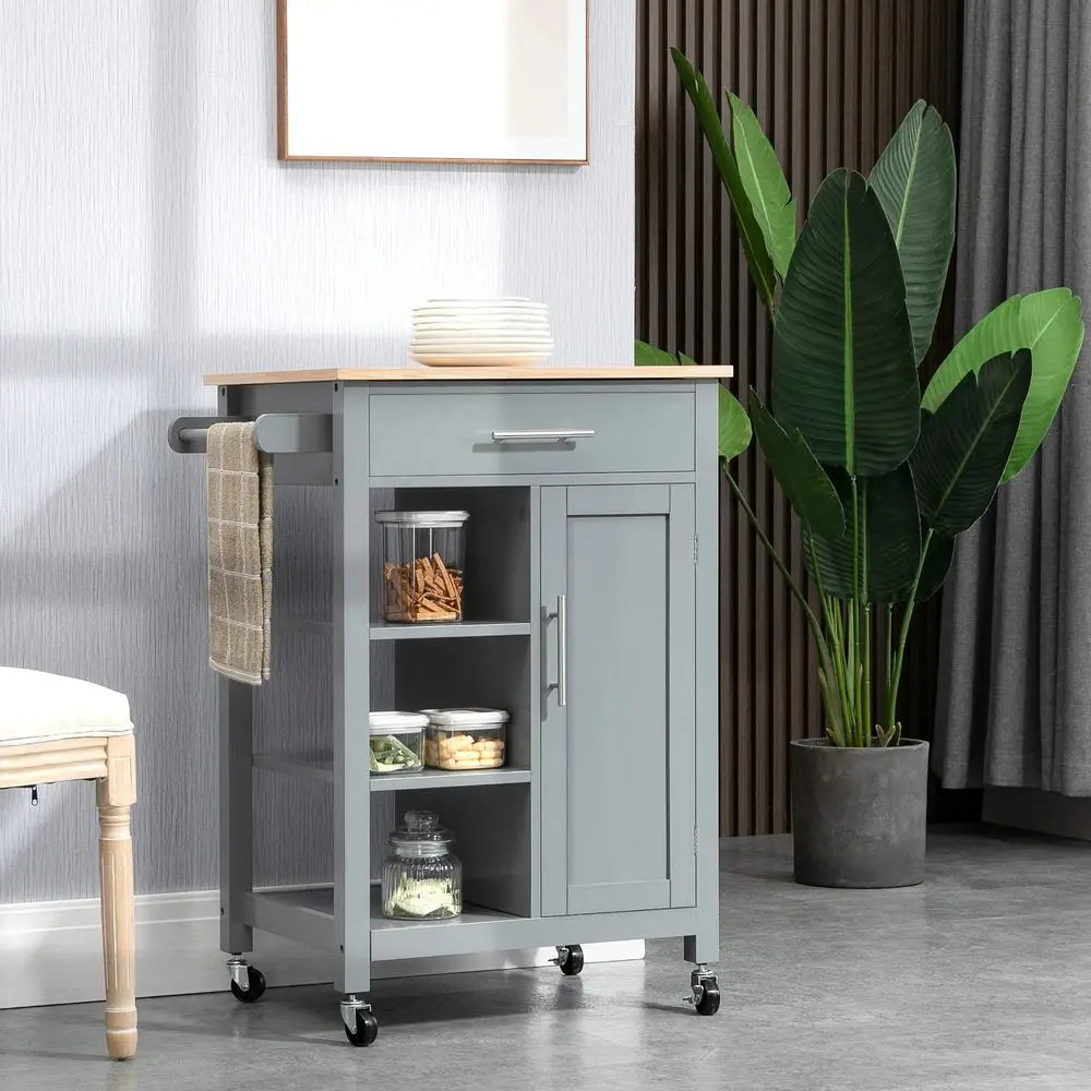 Kitchen Island Cart, Rolling Kitchen Island with Storage Shelf, Solid Wood Top, Drawer, for Dining Room, Gray - Image 8