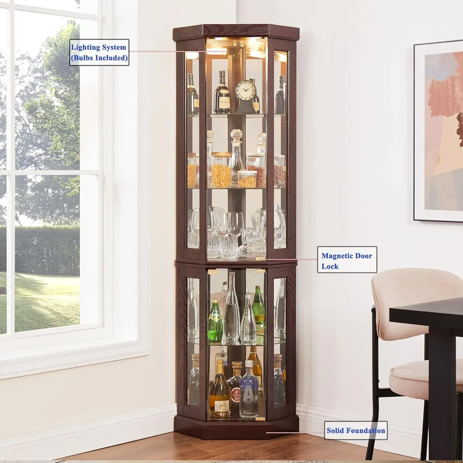 69" H Lighted Corner Curio Cabinet, 5-Tier Curio Glass Display Cabinet with Door & Adjustable Glass Shelves, Wooden, Customized - Image 4
