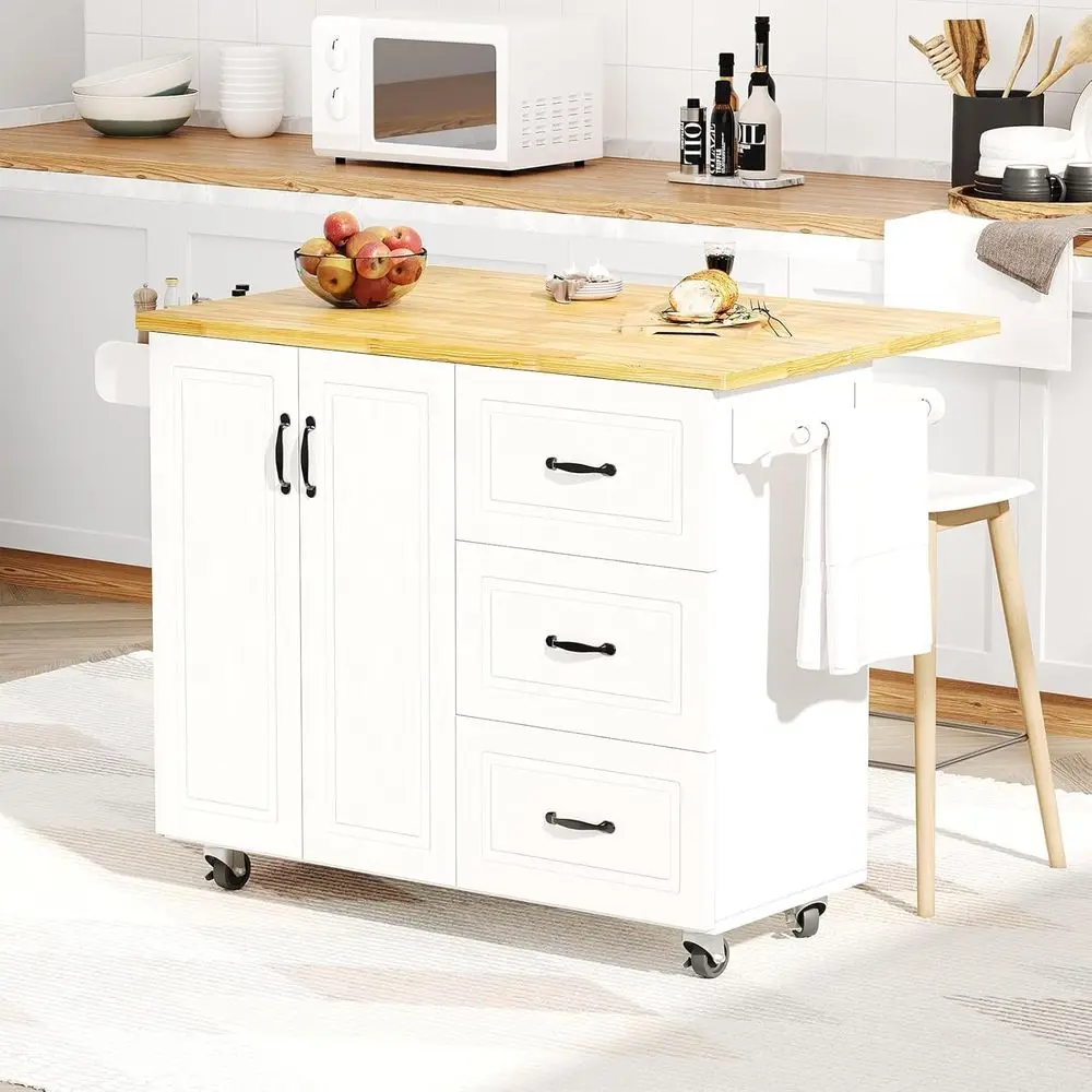 White Rolling Kitchen Island with Storage, Spice Rack, and Towel Bar