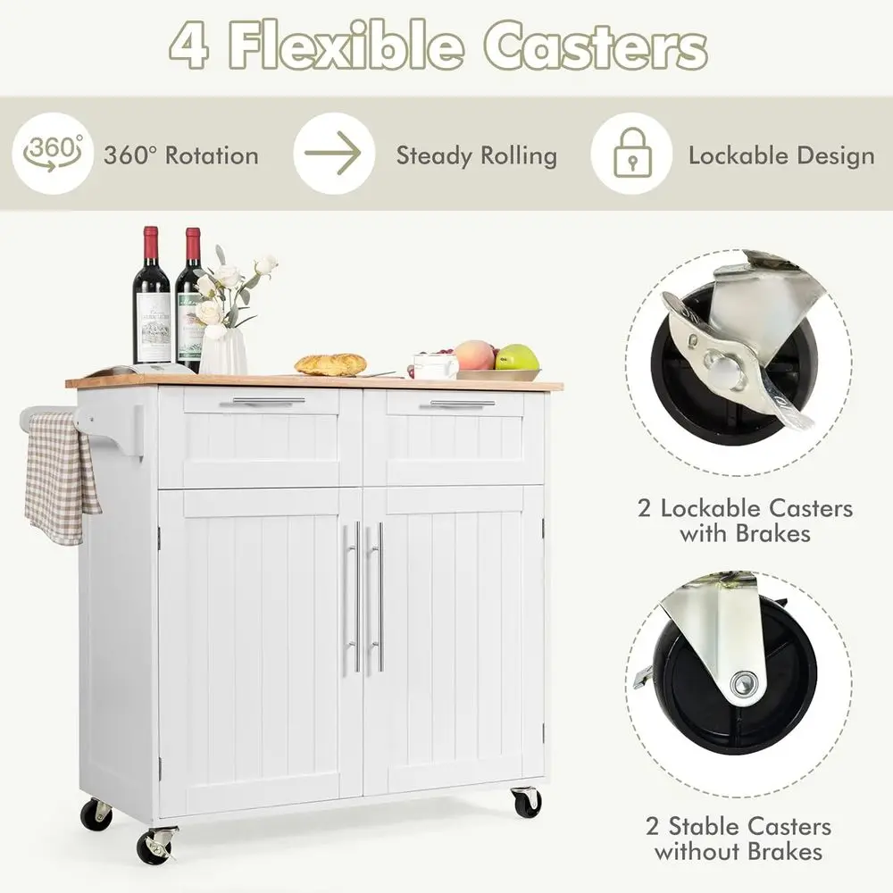 Rolling Kitchen Island with Towel Bar, Double Drawers, 2-Door Cabinet, White - Image 12