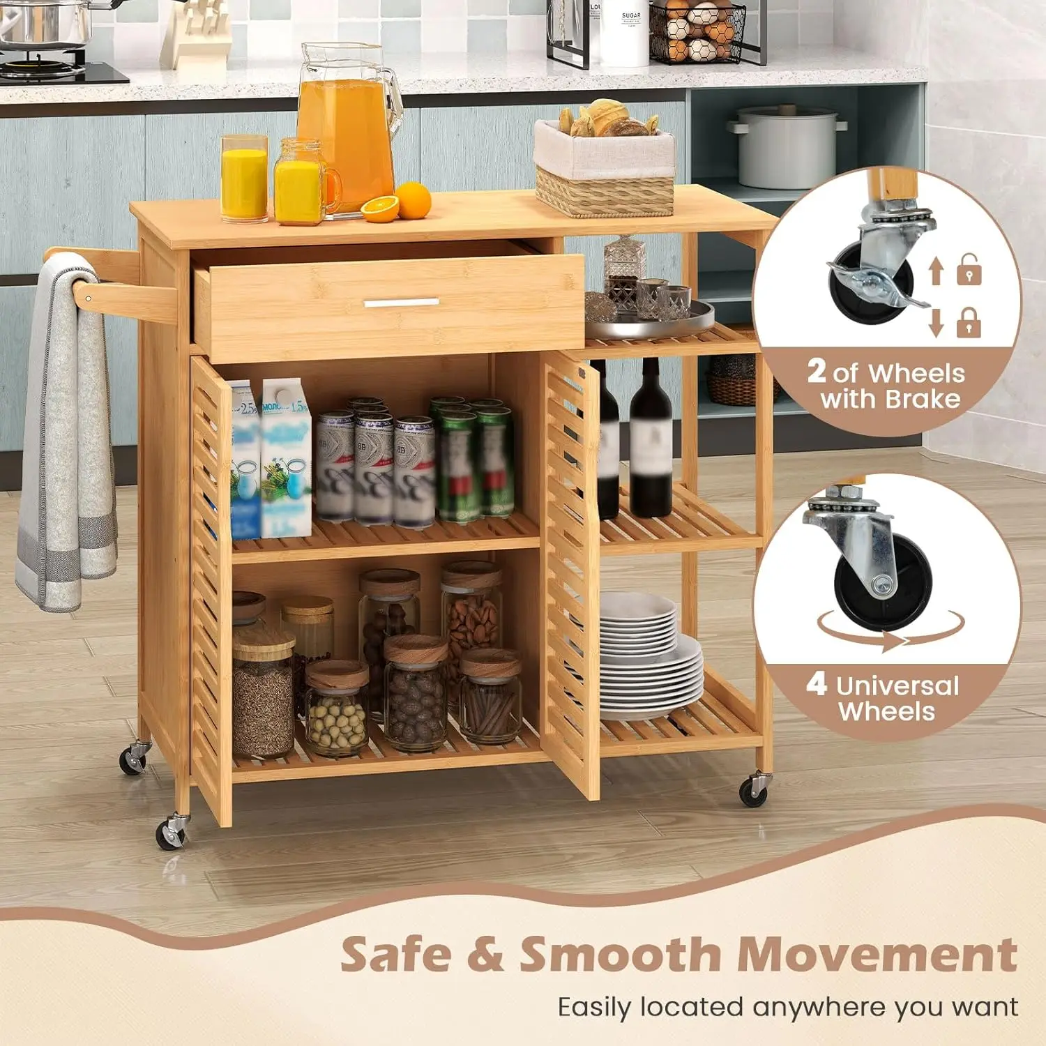 Bamboo Kitchen Island Cart Rolling Butcher Block Drawer Cabinet 3-Tier Shelves Towel Rack Wheels Storage Dining Room, Custom - Image 12