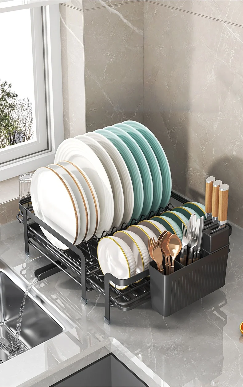 Expandable dish storage rack automatic draining rotatable drain rack adjustable counter organizer kitchen storage rack - Image 14