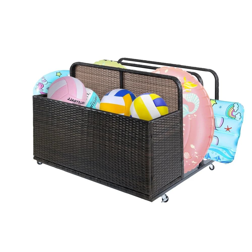 Outdoor Storage Solution with Convenient Mobility Poolside Float Storage Basket, PE Rattan Pool Caddy with Rolling Wheels - Image 7