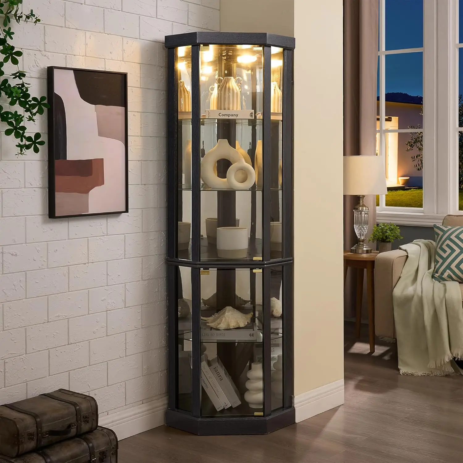 69" H Lighted Corner Curio Cabinet, 5-Tier Curio Glass Display Cabinet with Door & Adjustable Glass Shelves, Wooden, Customized - Image 13