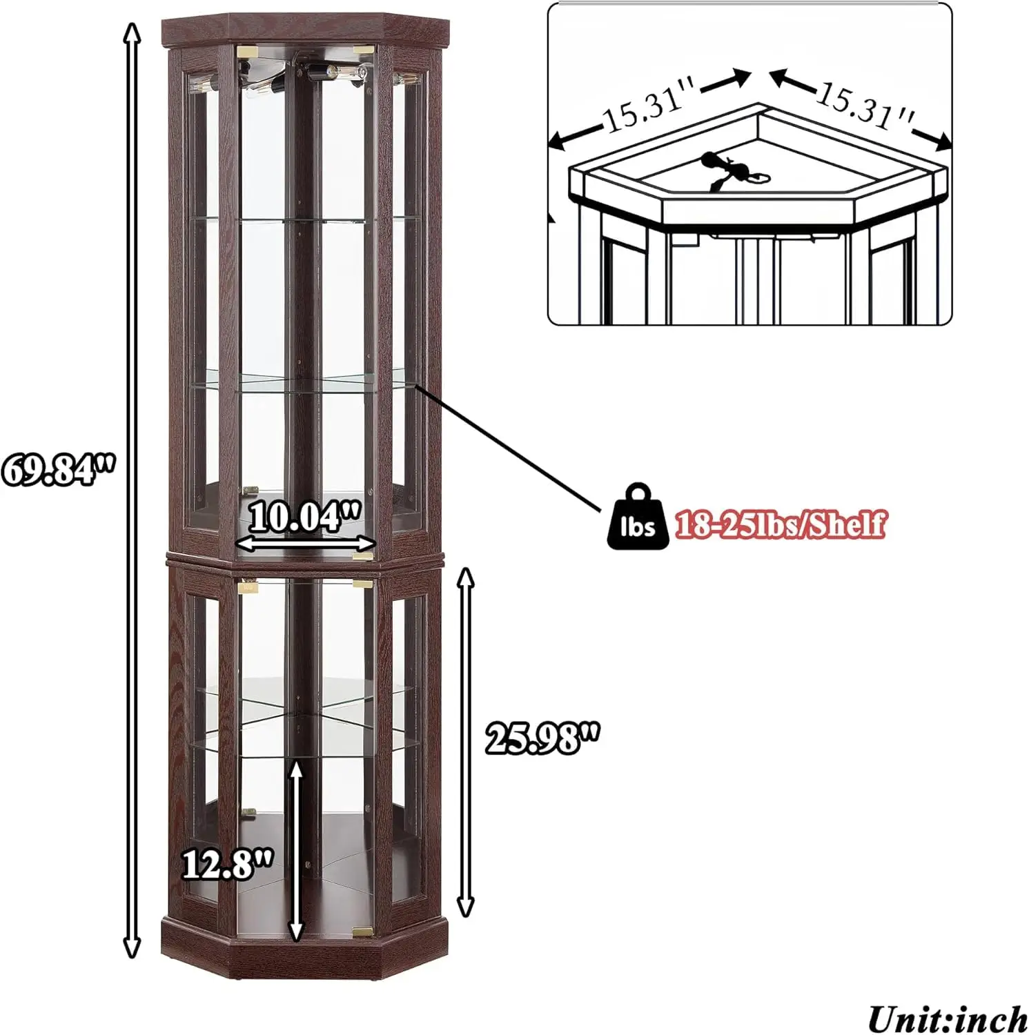 69" H Lighted Corner Curio Cabinet, 5-Tier Curio Glass Display Cabinet with Door & Adjustable Glass Shelves, Wooden, Customized - Image 2