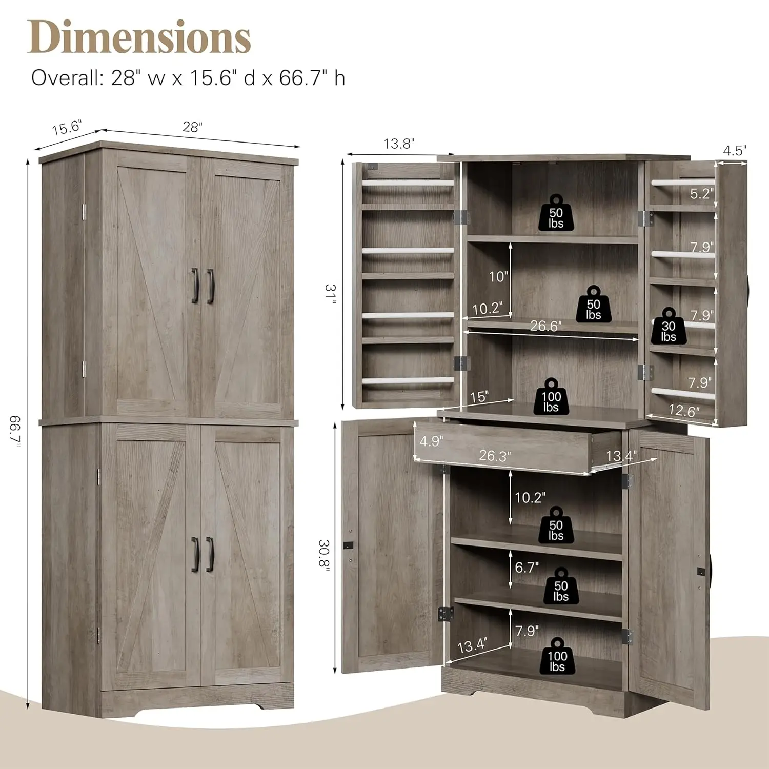 Rustic Pantry Cabinet Barn Door Drawer Adjustable Shelves 6-Tier Wood Cupboard Kitchen Dining Bath, Custom - Image 2