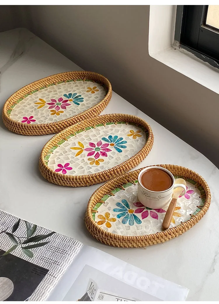 Handwoven Rattan Oval Tray with Shell Mosaic Inlay, Decorative Serving Tray for Coffee, Tea, Snacks, Bathroom Vanity Organizer - Image 24