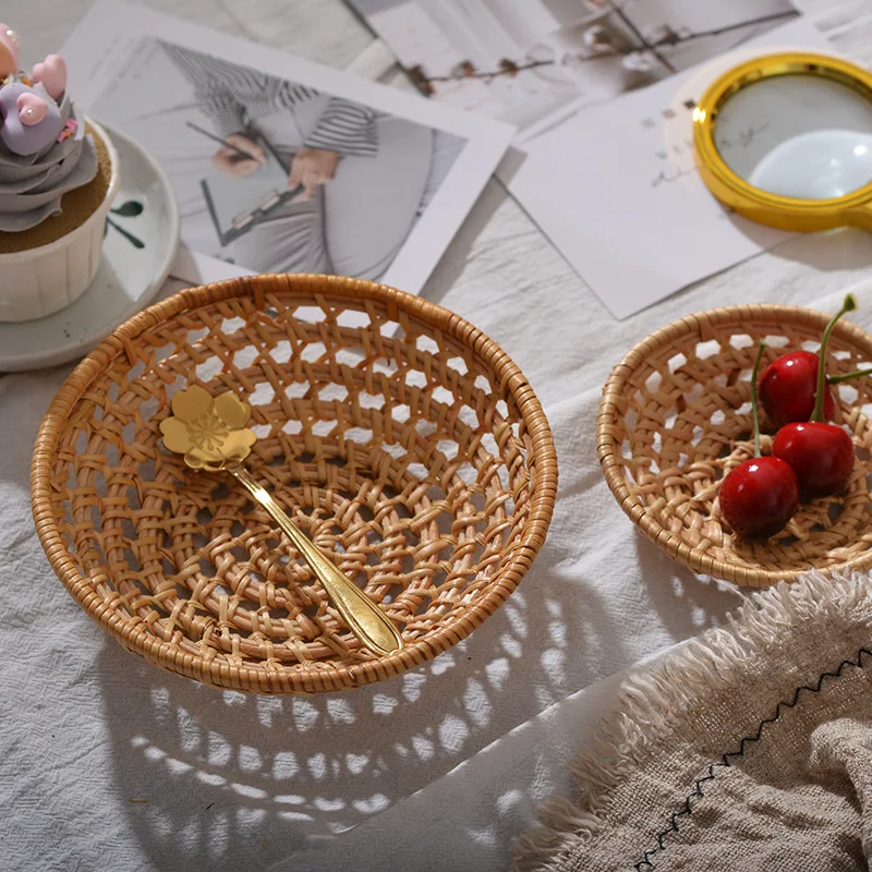 Minimalist Handwoven Rattan Baskets,Round Hollow Storage Trays for Fruit, Vegetables, Snacks, Decorative Wicker Basket for Home - Image 2