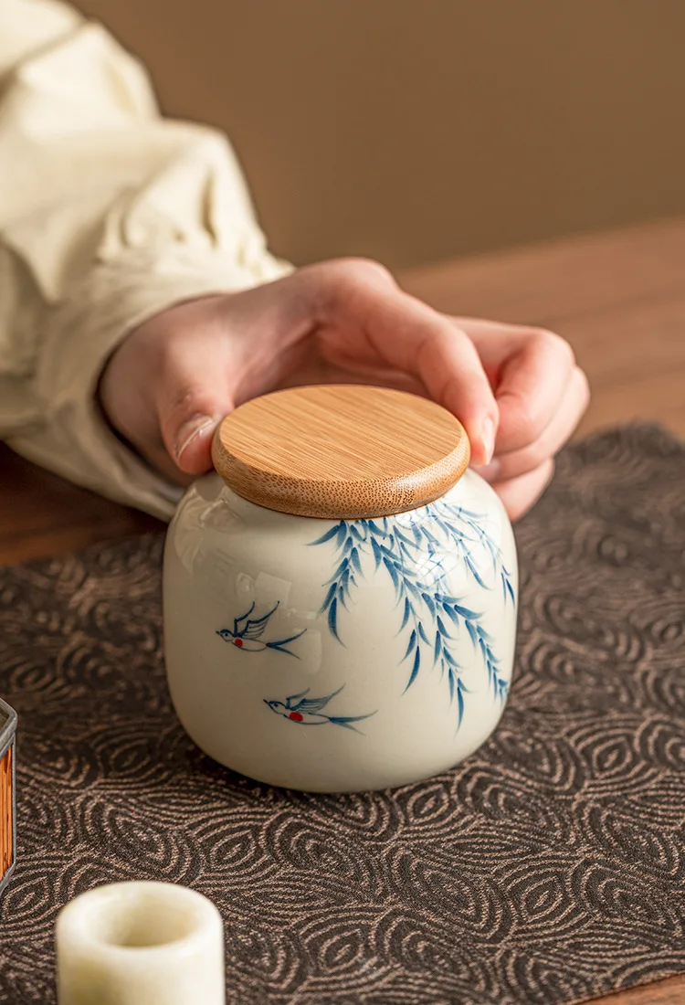 Warm Warbler, New Willow Grass Wood Grey Tea Sealed Ceramic Can High End Portable Small Moisture Proof Mini Storage Can - Image 15