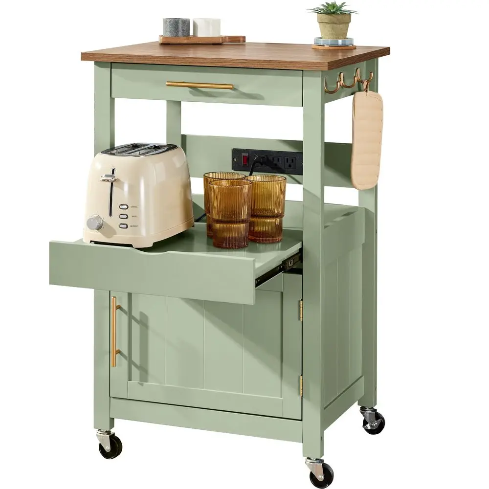 Rolling Kitchen Island Cart, Single Door Cabinet W Drawer, Sliding Tray, Outlet, Swivel Lockable Wheels, Hooks, Coffee Cart, Mi
