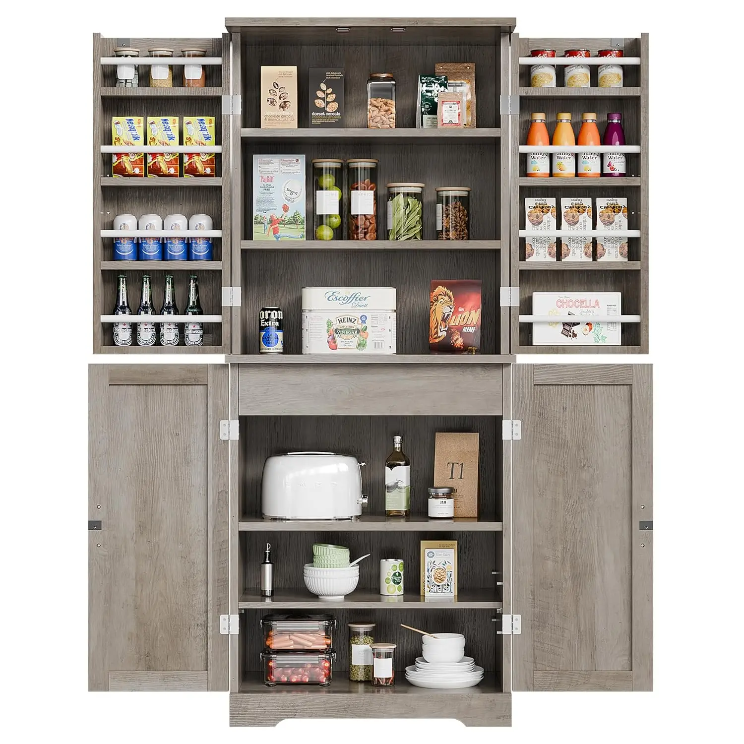 Rustic Pantry Cabinet Barn Door Drawer Adjustable Shelves 6-Tier Wood Cupboard Kitchen Dining Bath, Custom - Image 15