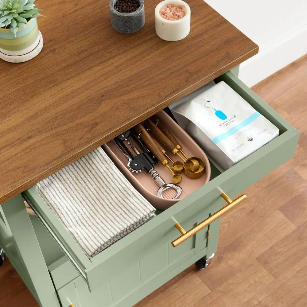 Rolling Kitchen Island Cart, Single Door Cabinet W Drawer, Sliding Tray, Outlet, Swivel Lockable Wheels, Hooks, Coffee Cart, Mi - Image 5