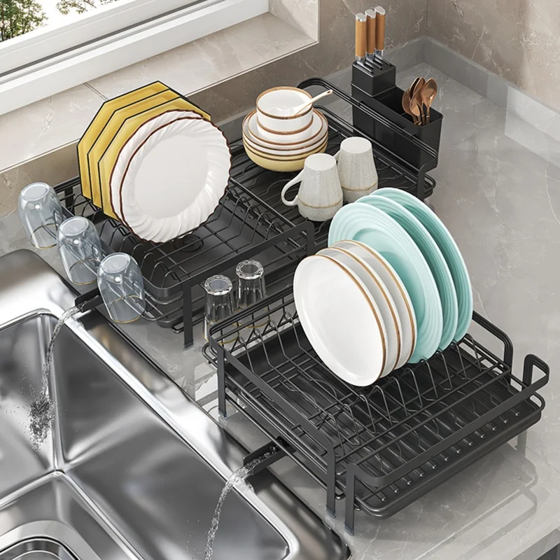 Expandable dish storage rack automatic draining rotatable drain rack adjustable counter organizer kitchen storage rack - Image 2