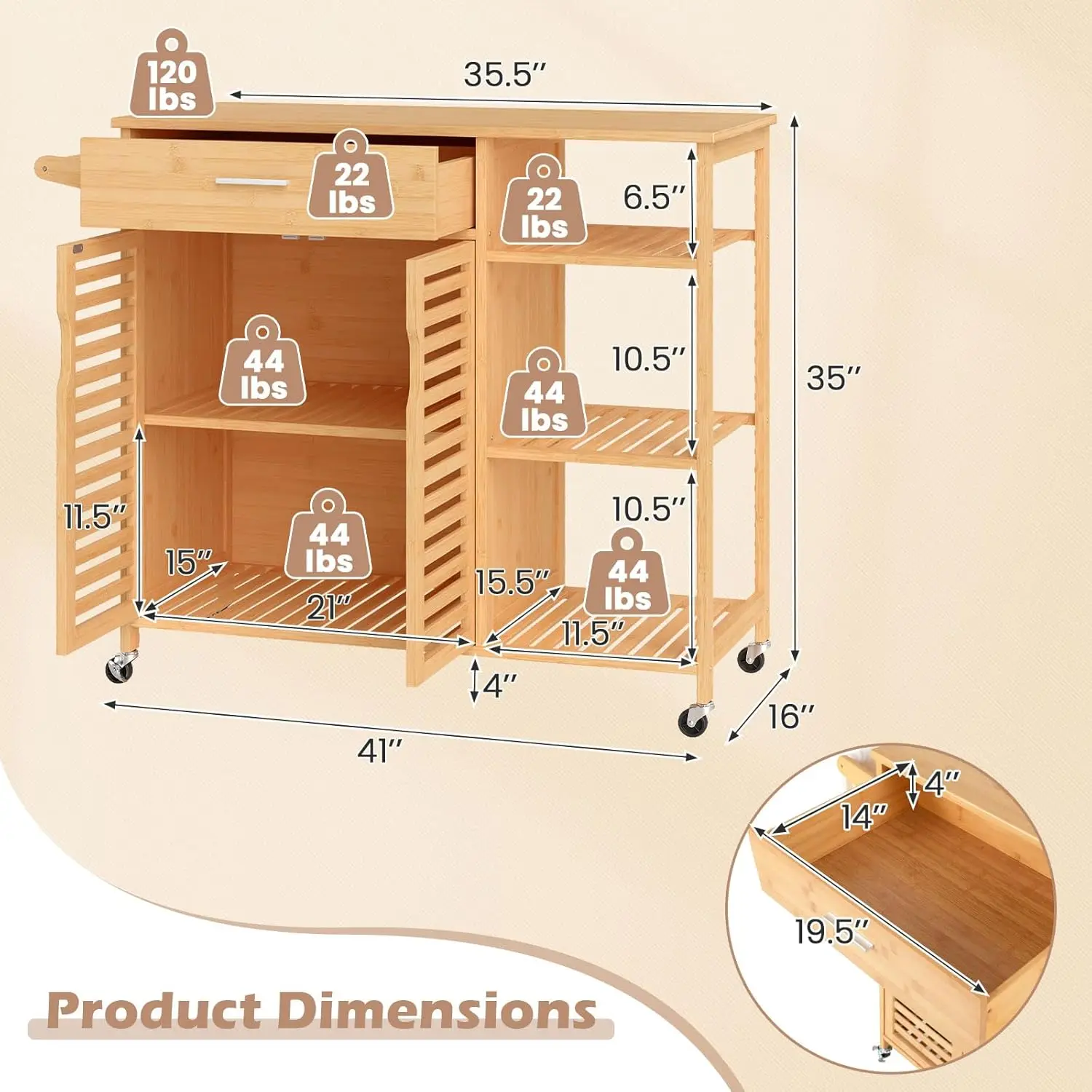 Bamboo Kitchen Island Cart Rolling Butcher Block Drawer Cabinet 3-Tier Shelves Towel Rack Wheels Storage Dining Room, Custom - Image 3