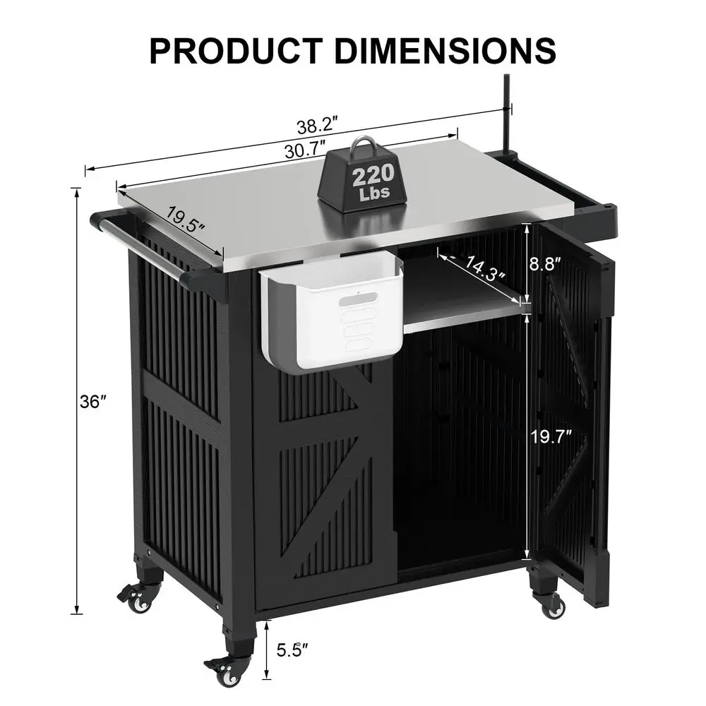 Kitchen Island with Storage Cabinet, Movable Grill Cart with Stainless Steel Countertop, 4 Swivel Wheels, PP Material Rolling B - Image 8