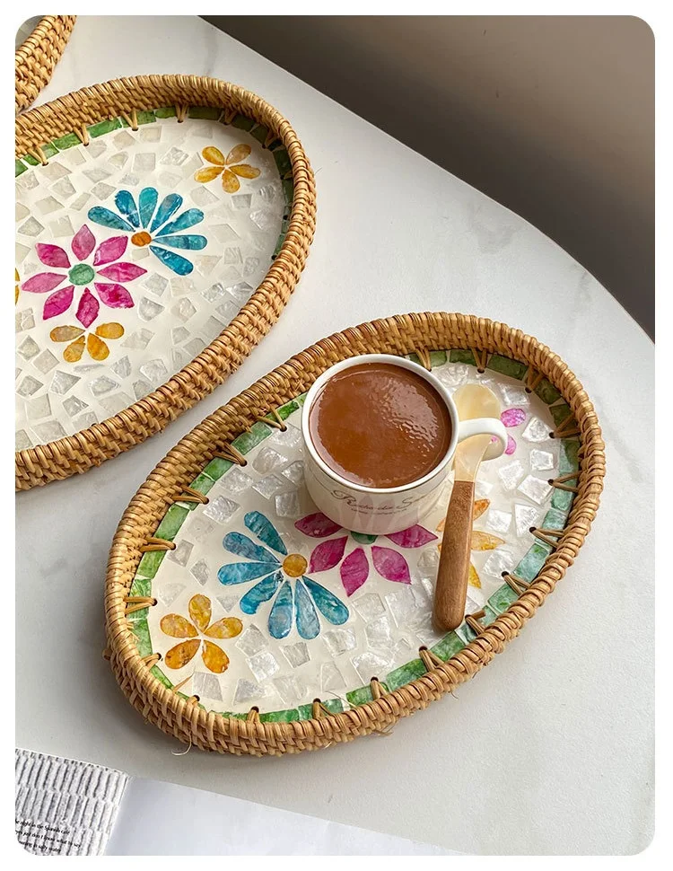 Handwoven Rattan Oval Tray with Shell Mosaic Inlay, Decorative Serving Tray for Coffee, Tea, Snacks, Bathroom Vanity Organizer - Image 22