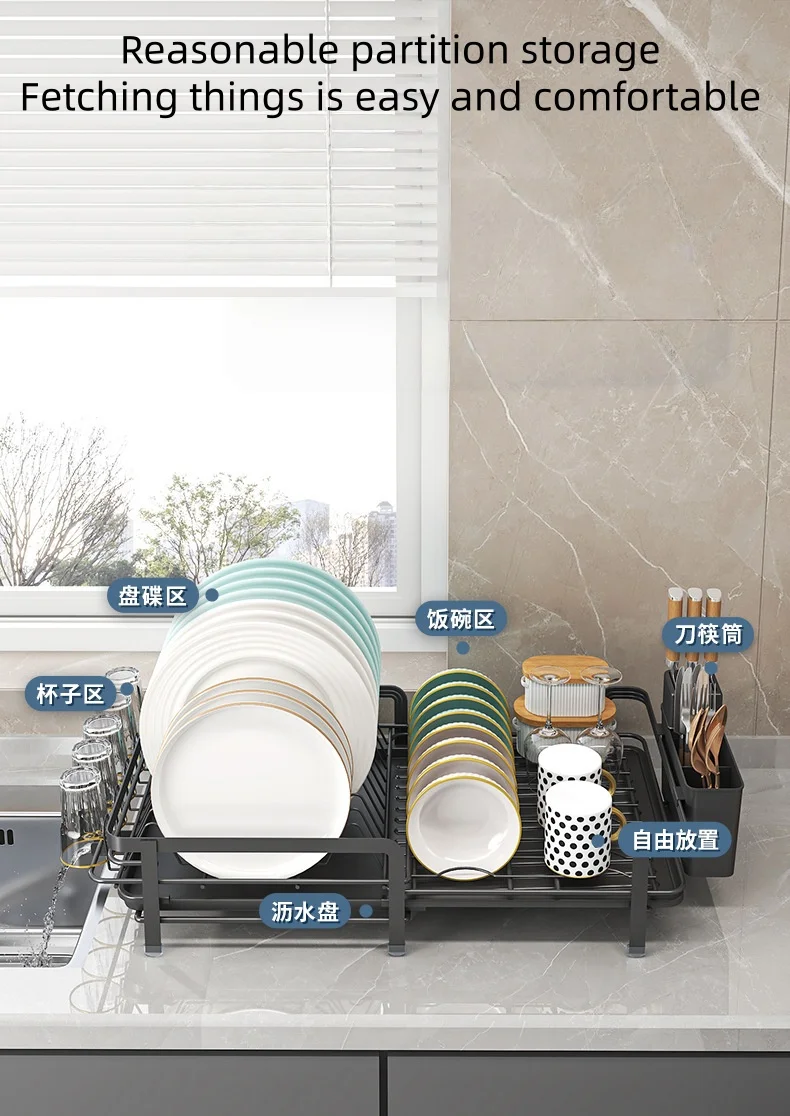 Expandable dish storage rack automatic draining rotatable drain rack adjustable counter organizer kitchen storage rack - Image 16