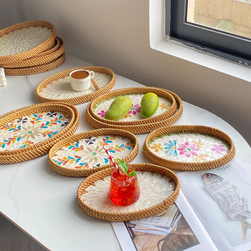 Handwoven Rattan Oval Tray with Shell Mosaic Inlay, Decorative Serving Tray for Coffee, Tea, Snacks, Bathroom Vanity Organizer - Image 4