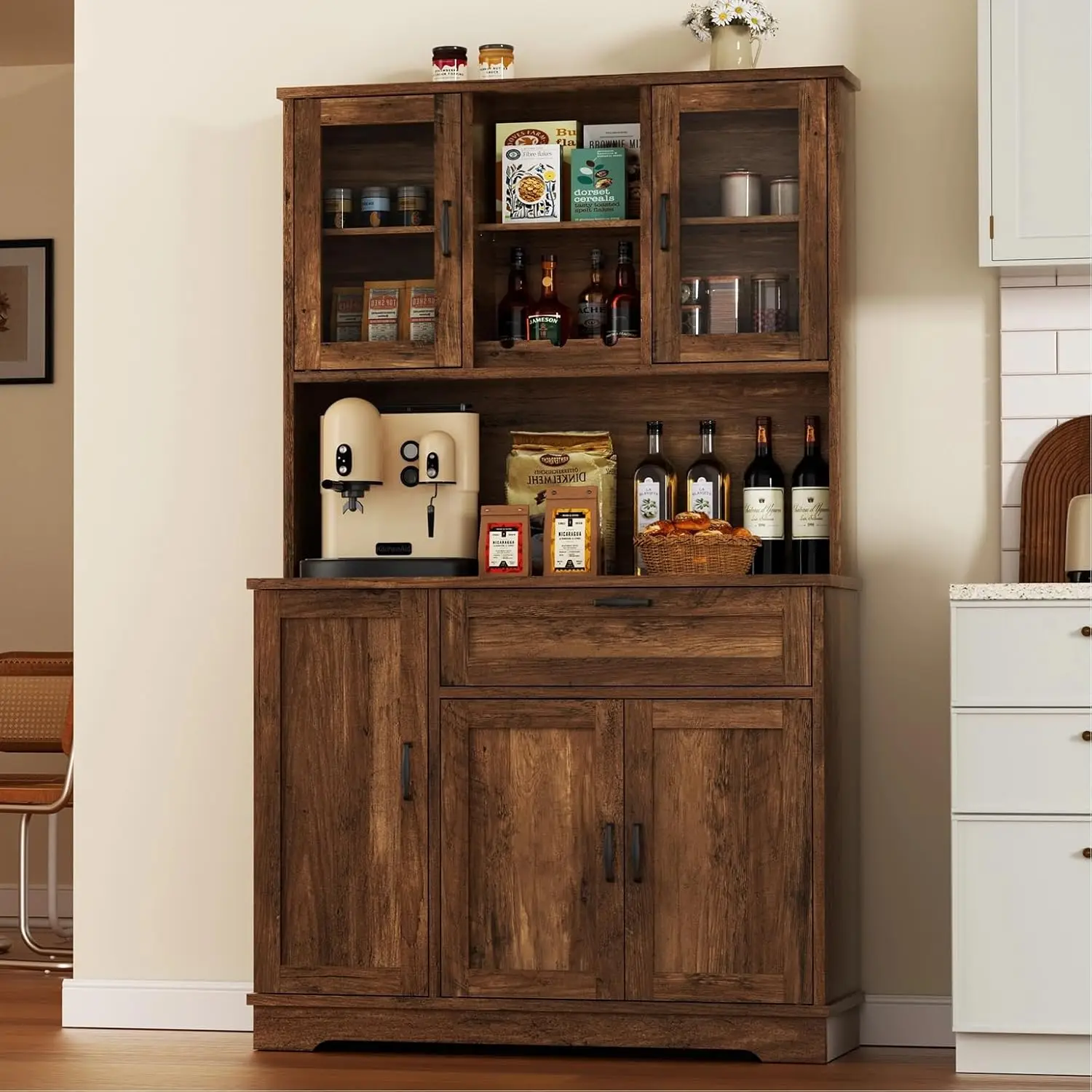 Tall Kitchen Pantry Storage Cabinet, Modern Pantry Cabinet with Hutch and Microwave Stand, Modern Kitchen Coffee, Customized