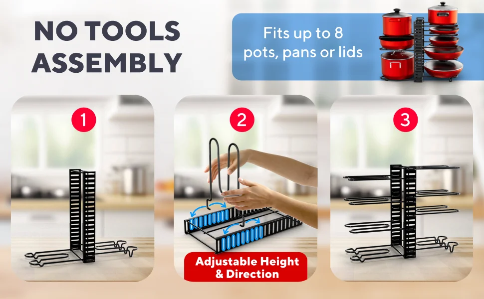 Pot Rack Organizer, 8 Tier Pots and Pans Organizer for Kitchen Organization & Storage, Adjustable Pot Lid Holders & Pan Rack - Image 11