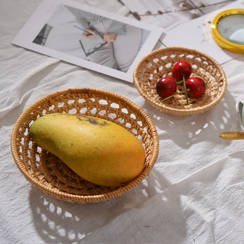 Minimalist Handwoven Rattan Baskets,Round Hollow Storage Trays for Fruit, Vegetables, Snacks, Decorative Wicker Basket for Home