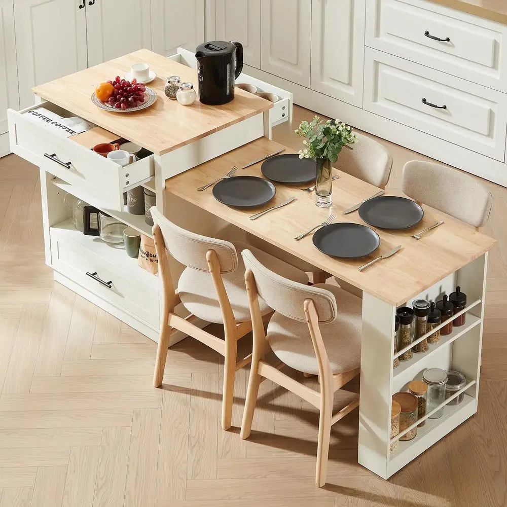 76 Kitchen Islands with Extendable Dining Table, 24 Island Table with DoubleSide Storage, Mobile Storage Islands Cart with Powe
