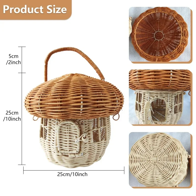 Rattan Mushroom Storage Basket Cute Cartoon Handwoven Nut Wicker Handbag Outdoor Picnic Women Tote Straw Bag Children Organizer - Image 2